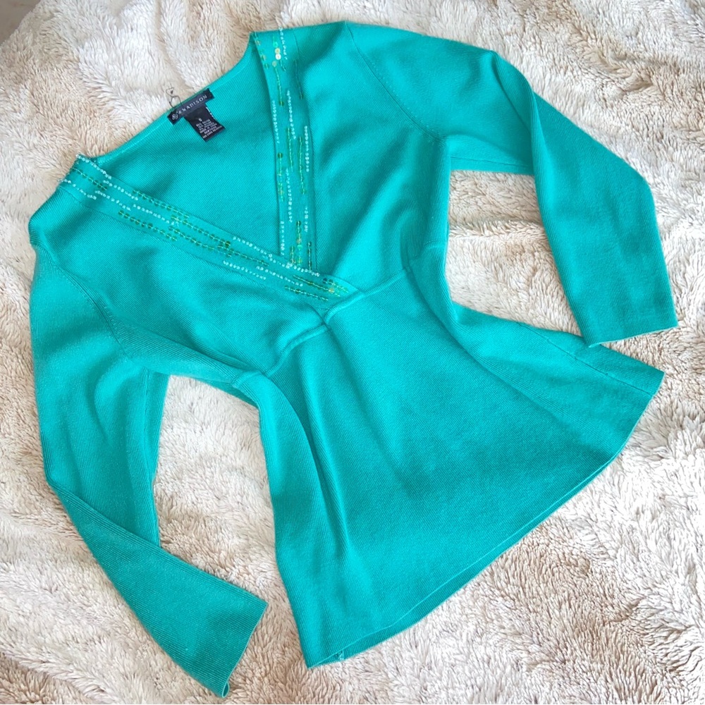 Vibrant turquoise beaded long-sleeve top